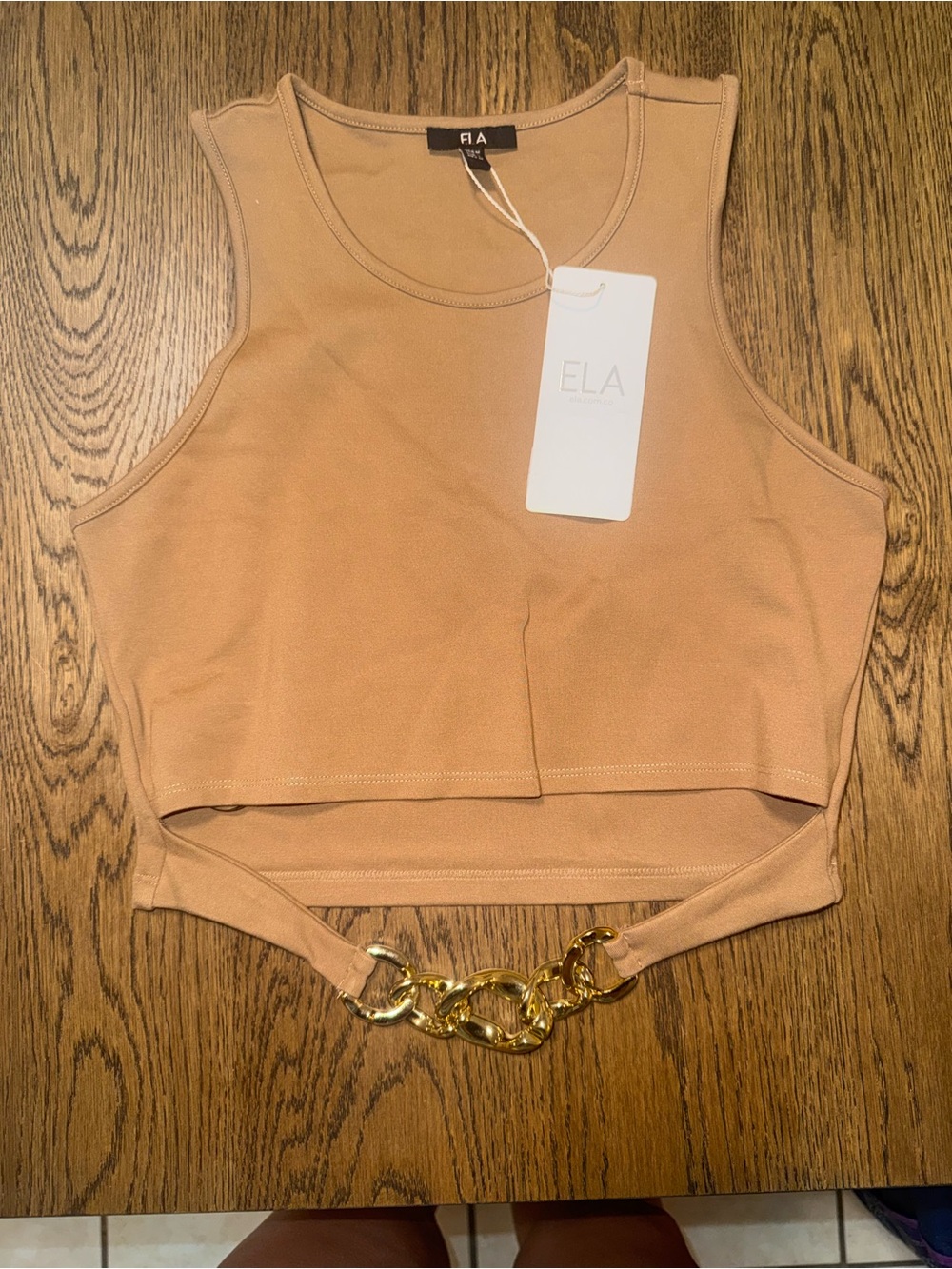 ELA Tan Sleeveless Crop Top with Gold Chain Accent